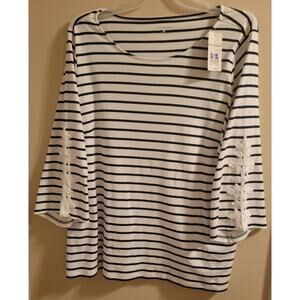 Kim Rogers Women Size XL White W/Navy Stripe Shirt 3/4 Sleeves Top New With Tags